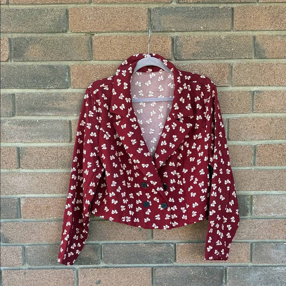 SHEIN Curve Red and White Blazer with Small Bow Designs Size XL